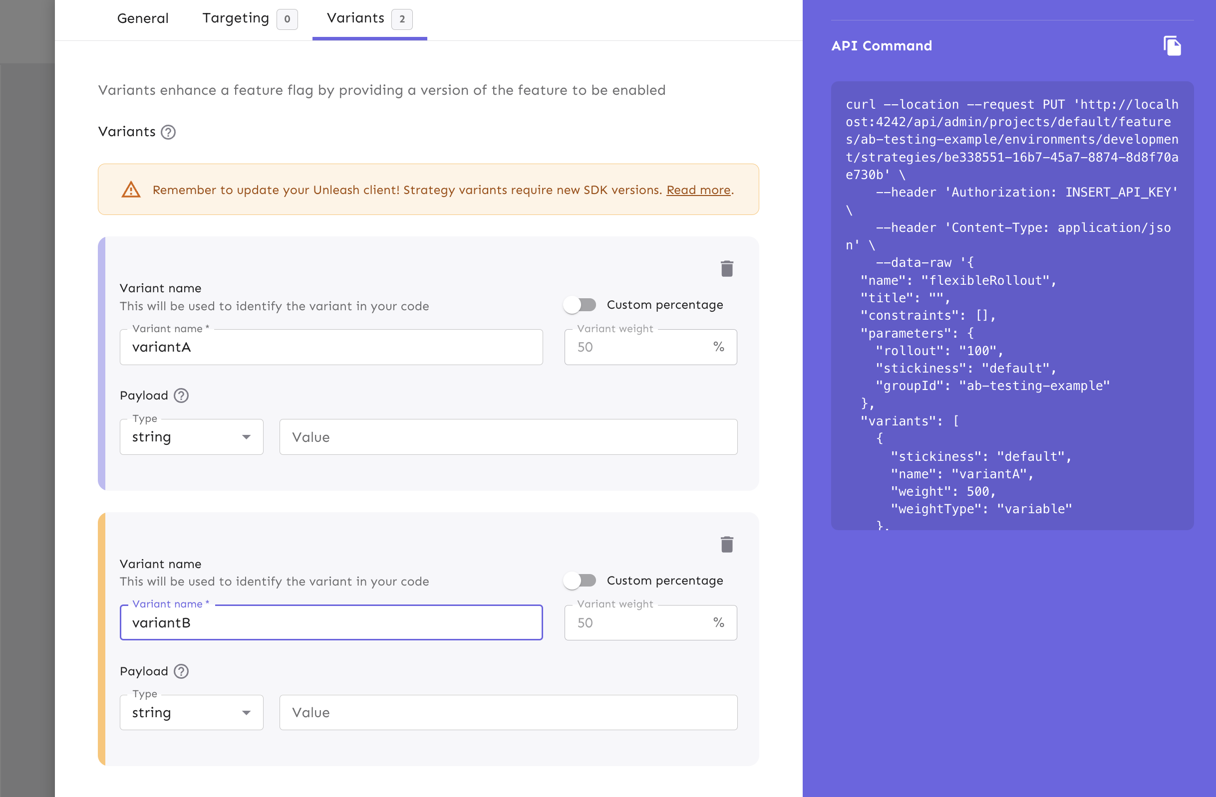 You can configure multiple strategy variants for A/B testing within the gradual rollout form.